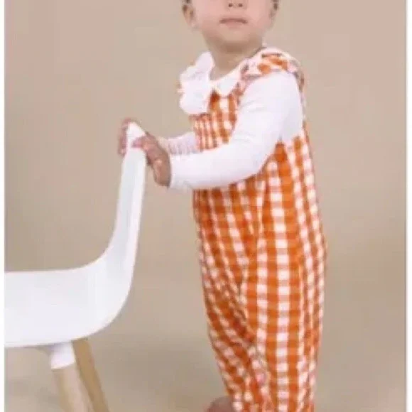 Angel Dear Harvest Pumpkin Smocked Bubble Romper Overalls Orange Gingham 6-12 mo - Picture 3 of 14